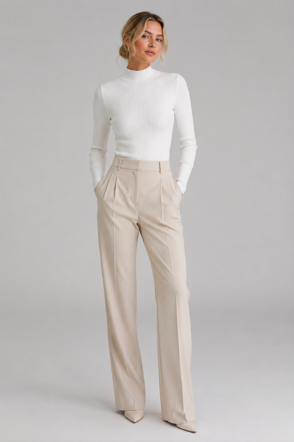 White Ribbed High Neck Long Sleeve Knit Top