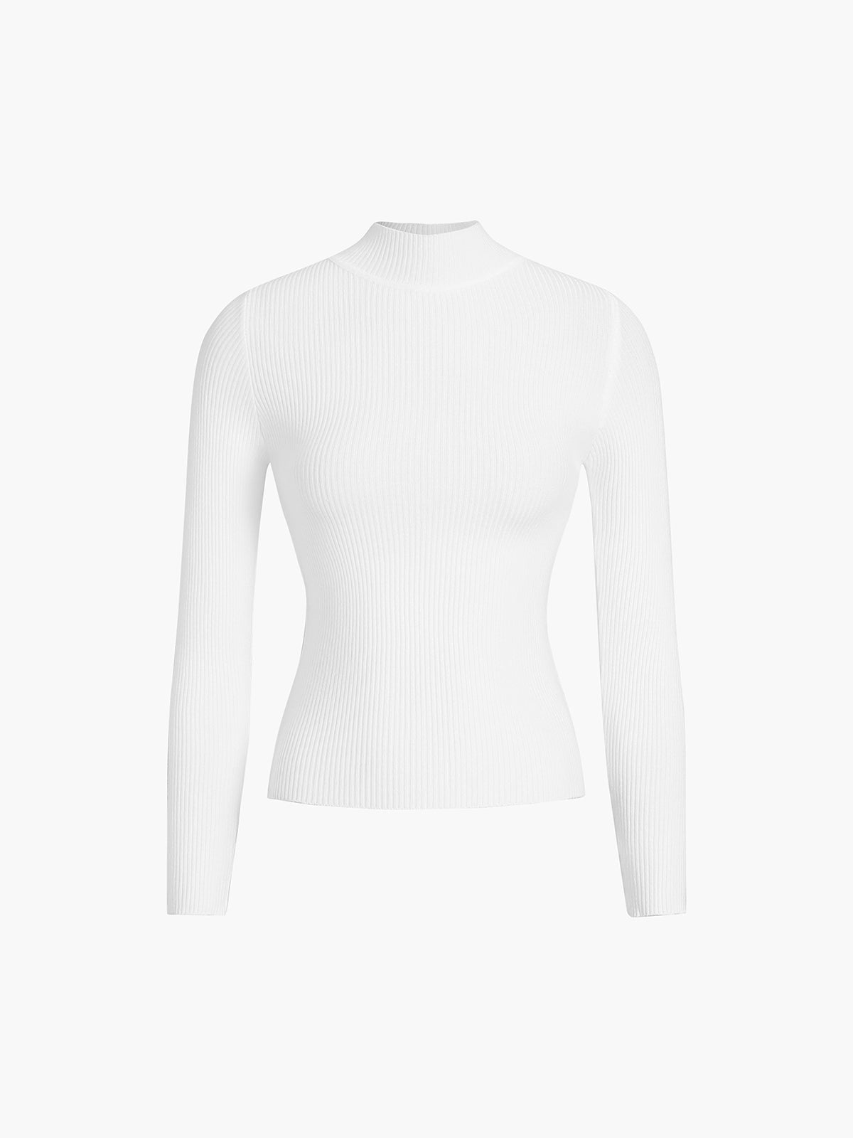 White Ribbed High Neck Long Sleeve Knit Top