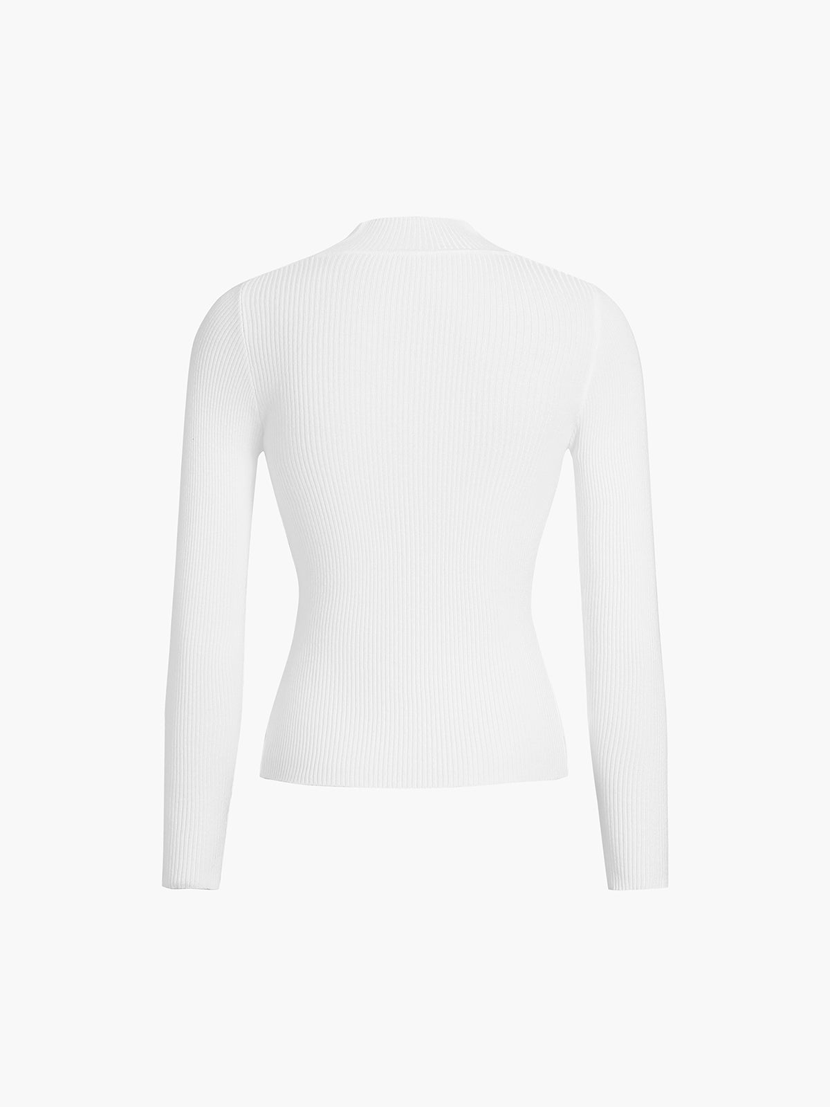 White Ribbed High Neck Long Sleeve Knit Top