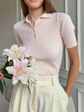 White Ribbed Short Sleeve Button Polo Top