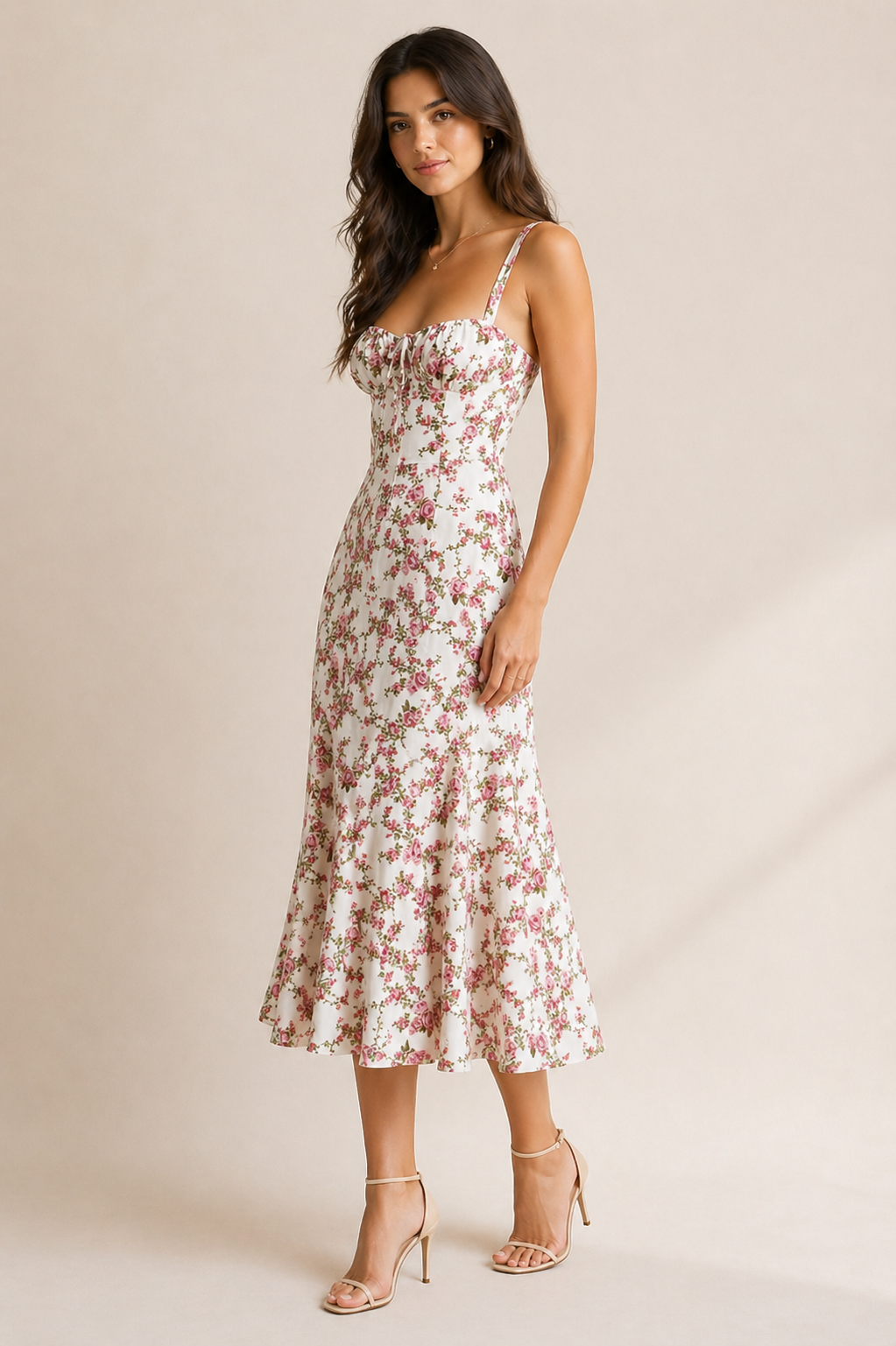 White Rosebud Floral Sleeveless Midi Dress