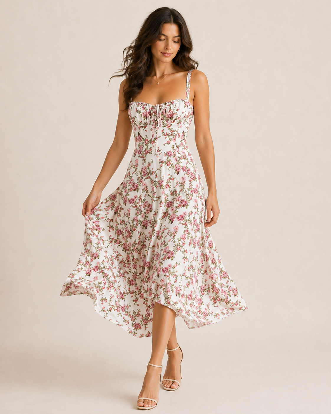 White Rosebud Floral Sleeveless Midi Dress