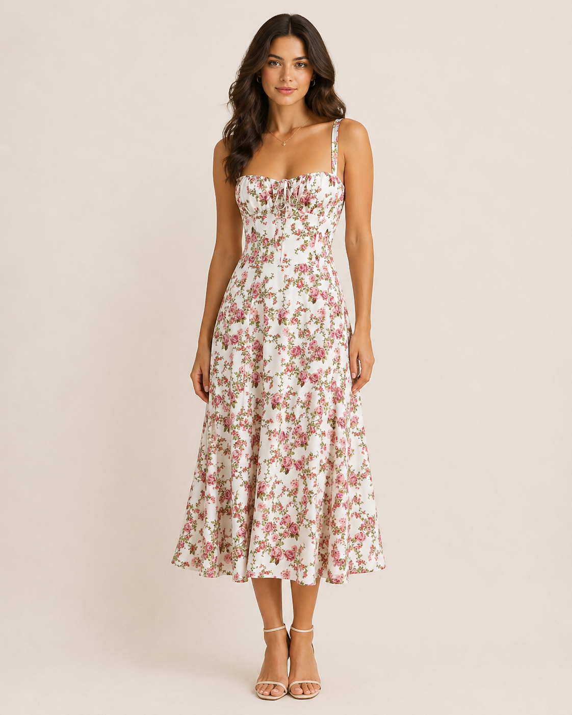 White Rosebud Floral Sleeveless Midi Dress