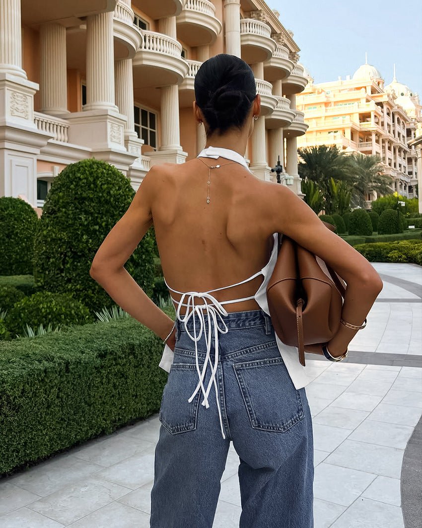 White Satin Finish Halter Top with Open Back