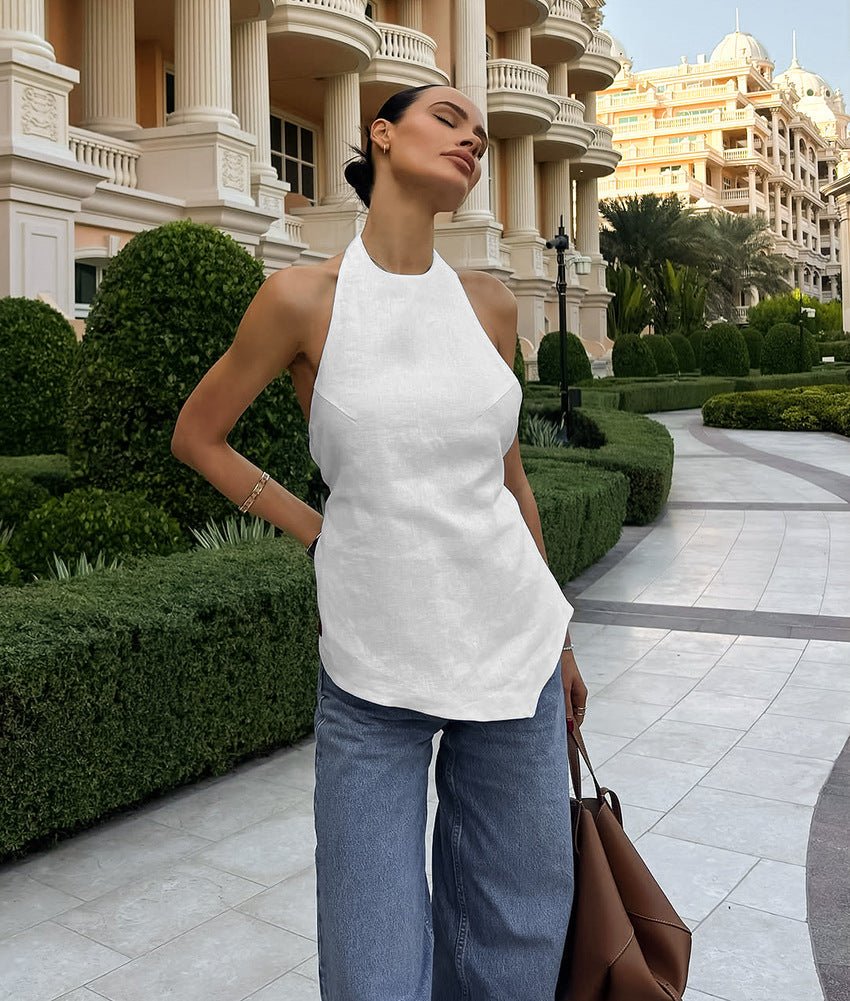White Satin Finish Halter Top with Open Back