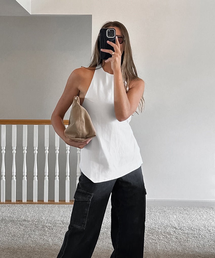 White Satin Finish Halter Top with Open Back