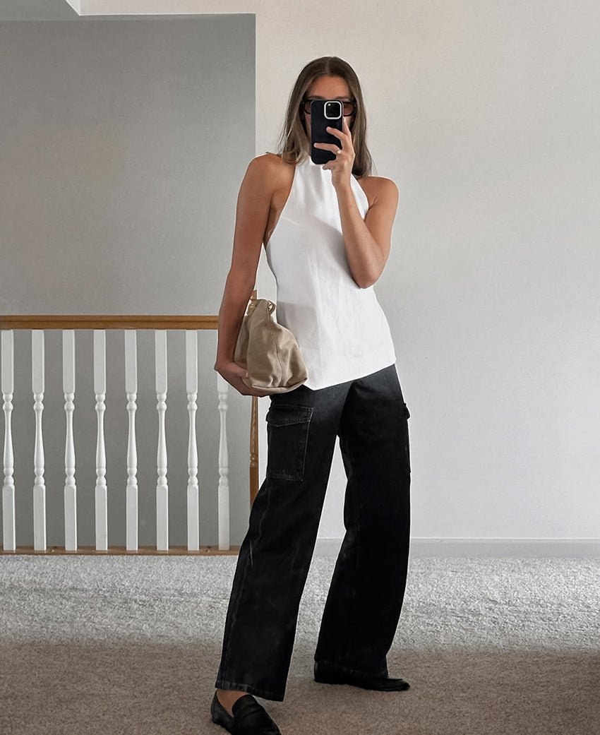 White Satin Finish Halter Top with Open Back