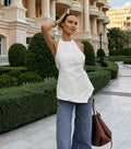 White Satin Finish Halter Top with Open Back
