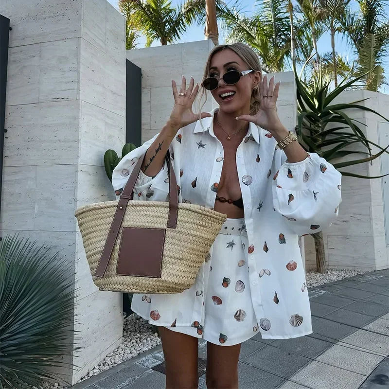 White Seashell Print Lantern Sleeve Shirt and Shorts Set
