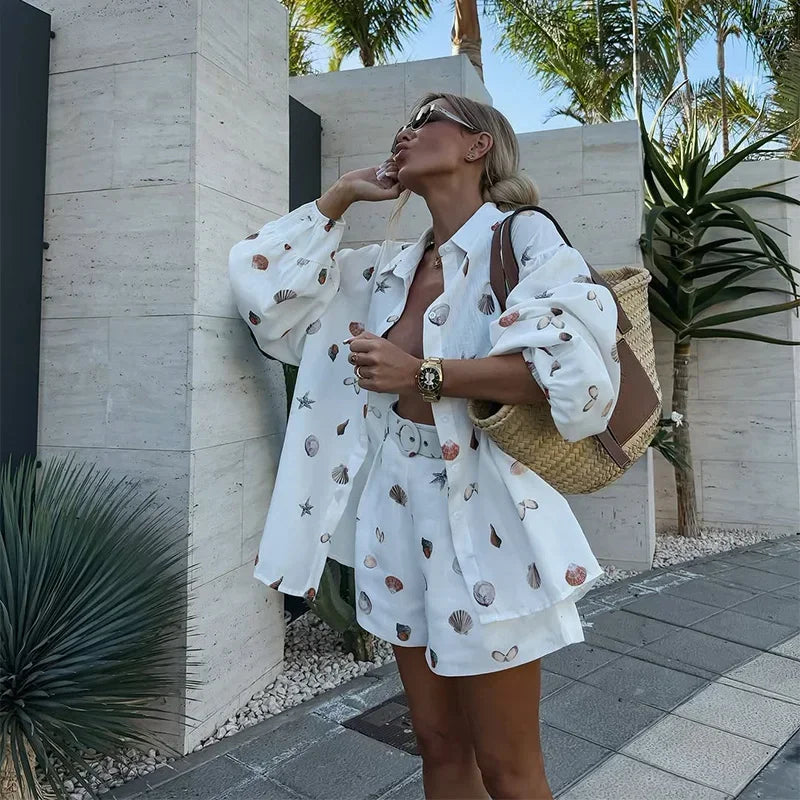 White Seashell Print Lantern Sleeve Shirt and Shorts Set