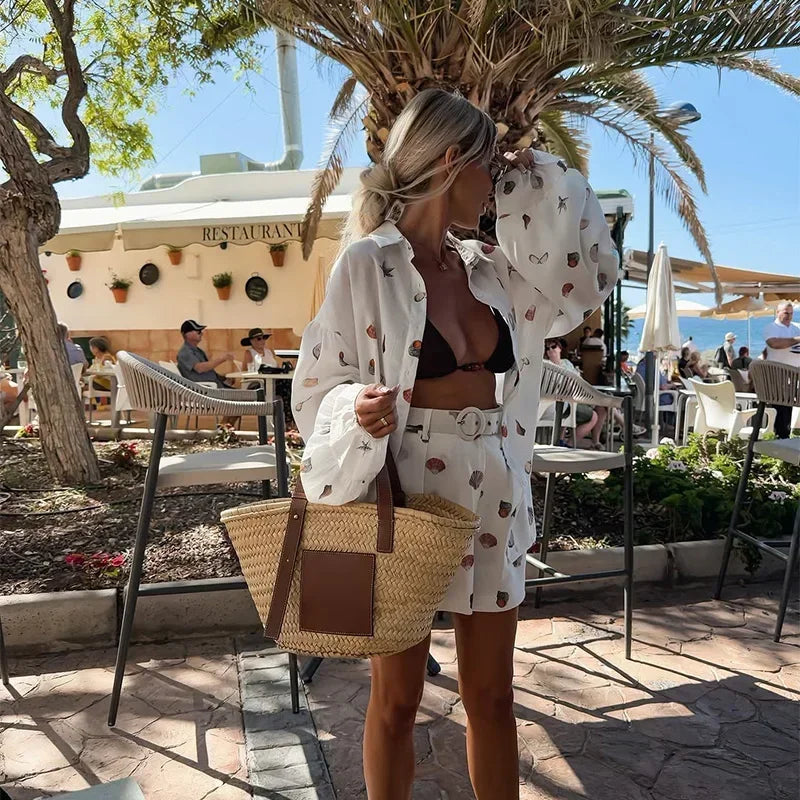 White Seashell Print Lantern Sleeve Shirt and Shorts Set