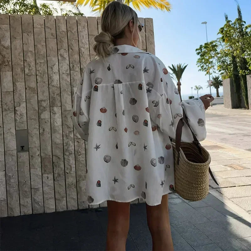 White Seashell Print Lantern Sleeve Shirt and Shorts Set