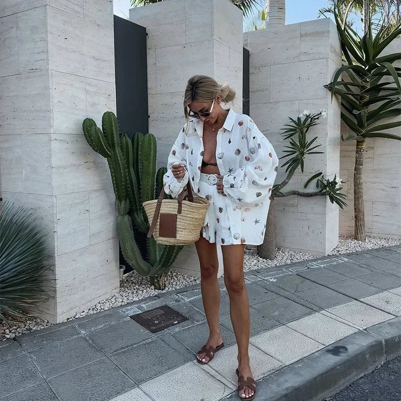 White Seashell Print Lantern Sleeve Shirt and Shorts Set