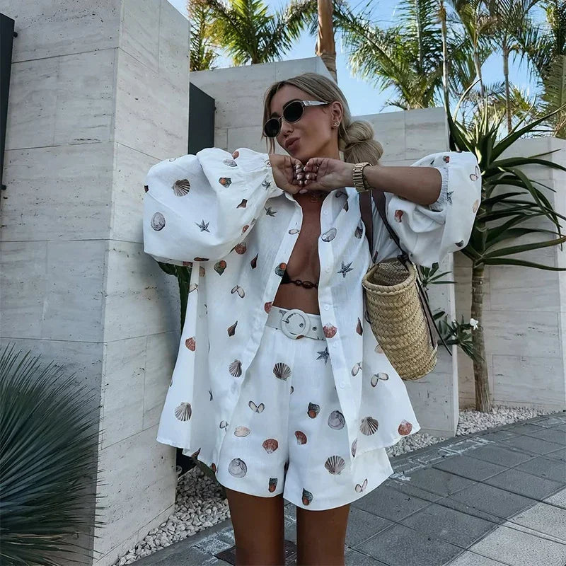 White Seashell Print Lantern Sleeve Shirt and Shorts Set