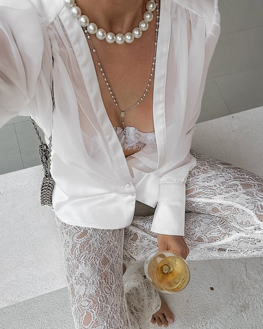 White Sheer Chiffon Deep V-Neck Button Front Blouse