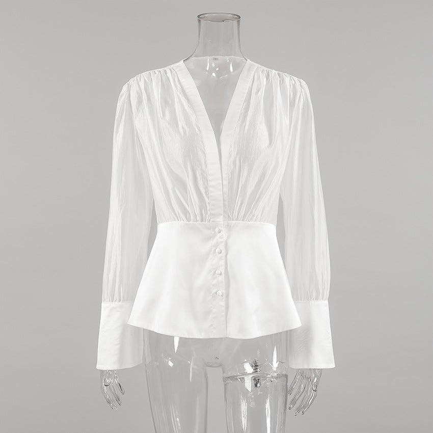 White Sheer Chiffon Deep V-Neck Button Front Blouse
