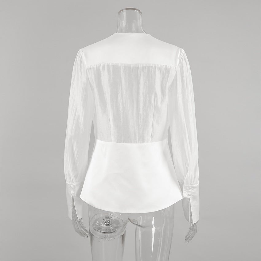 White Sheer Chiffon Deep V-Neck Button Front Blouse