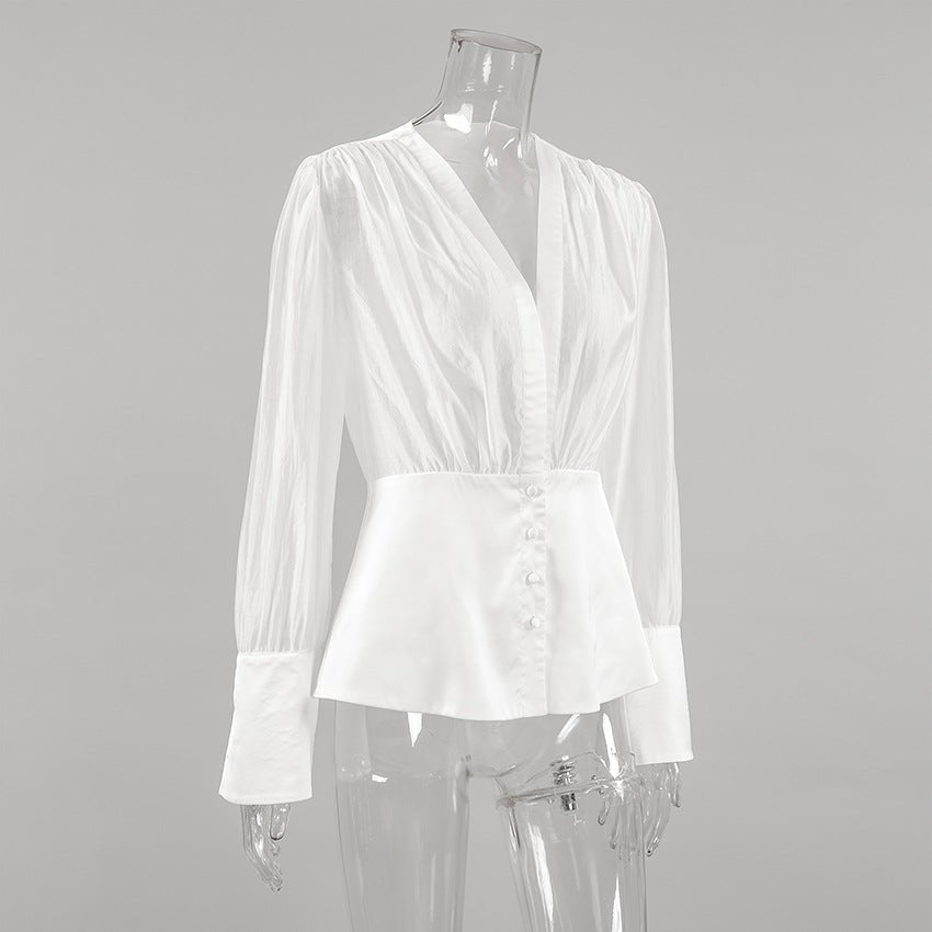White Sheer Chiffon Deep V-Neck Button Front Blouse