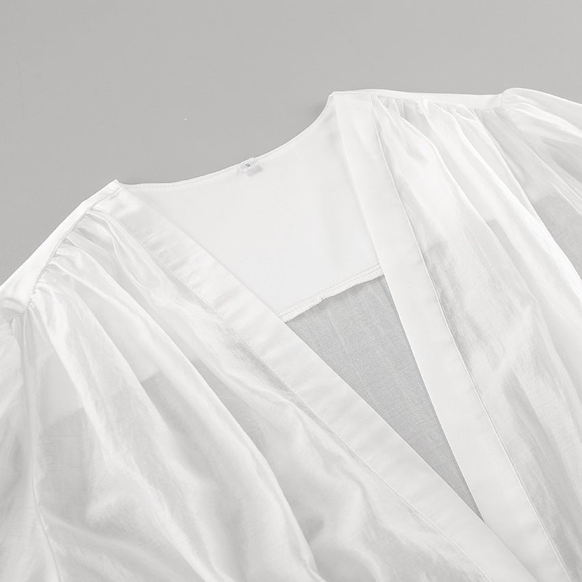 White Sheer Chiffon Deep V-Neck Button Front Blouse