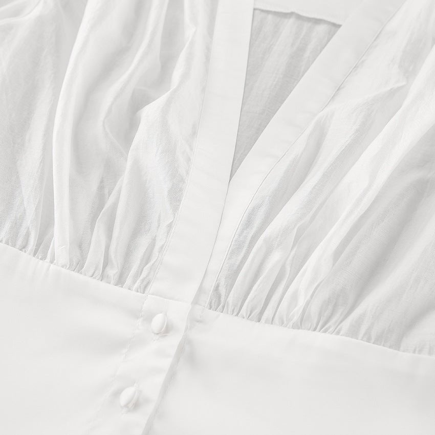 White Sheer Chiffon Deep V-Neck Button Front Blouse