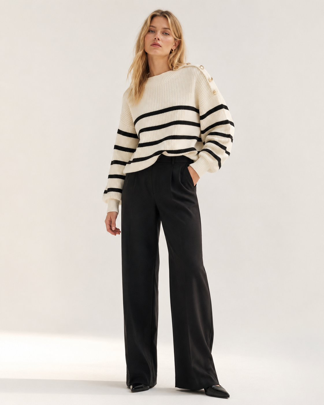 White Striped Oversized Crew Neck Knit Sweater with Shoulder Buttons
