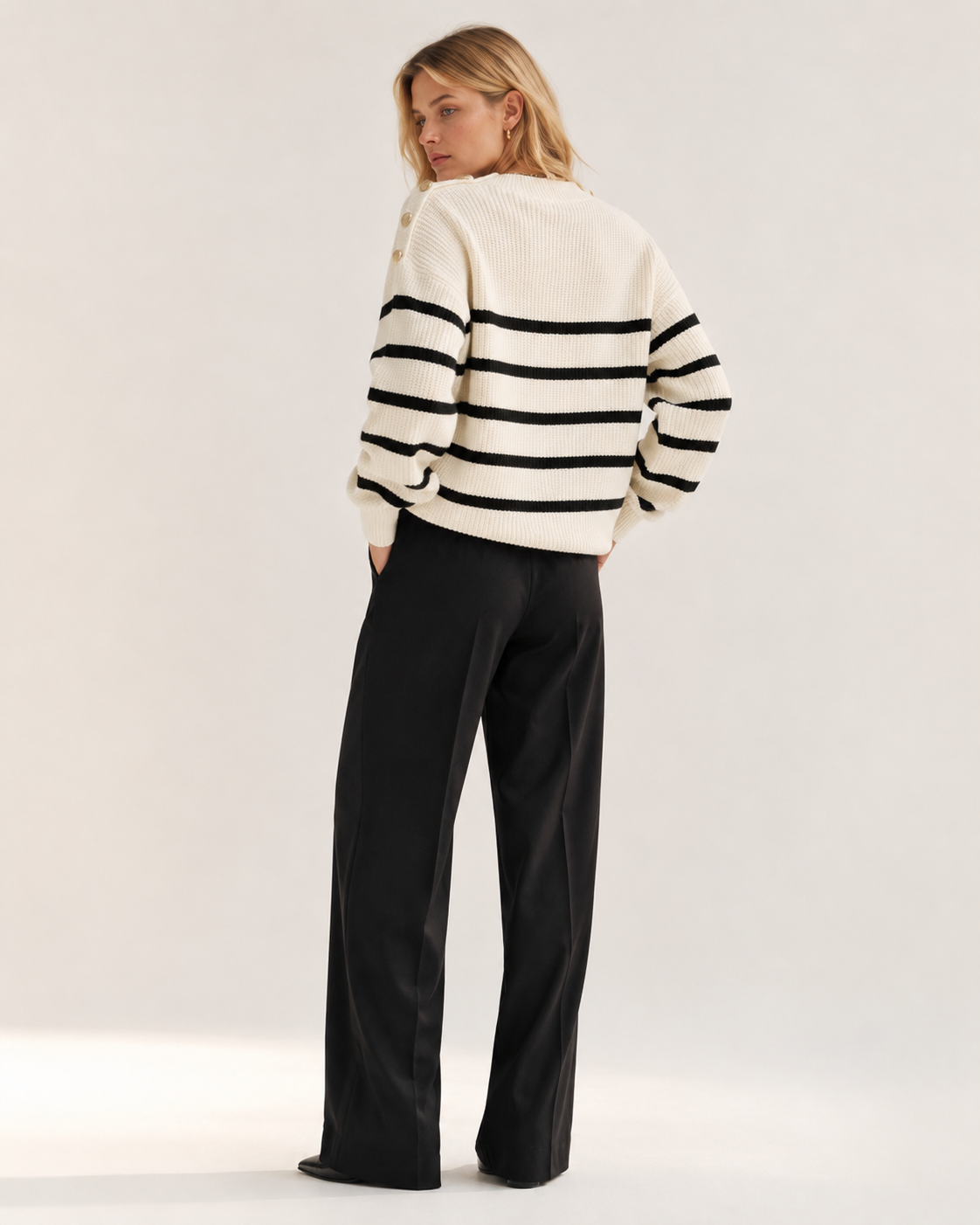 White Striped Oversized Crew Neck Knit Sweater with Shoulder Buttons