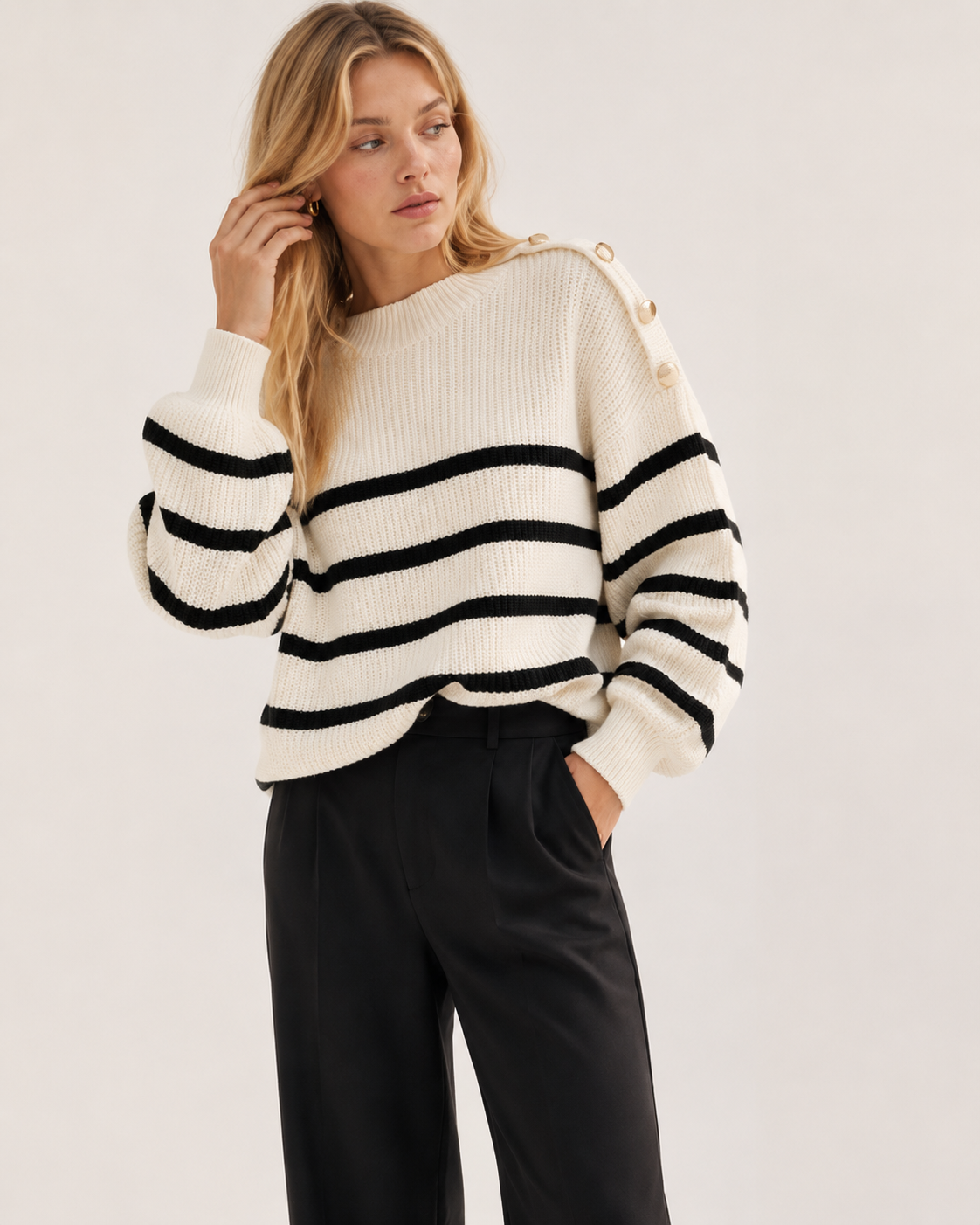 White Striped Oversized Crew Neck Knit Sweater with Shoulder Buttons