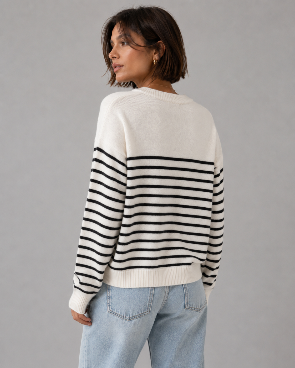 White Striped Oversized Crew Neck Wool Sweater