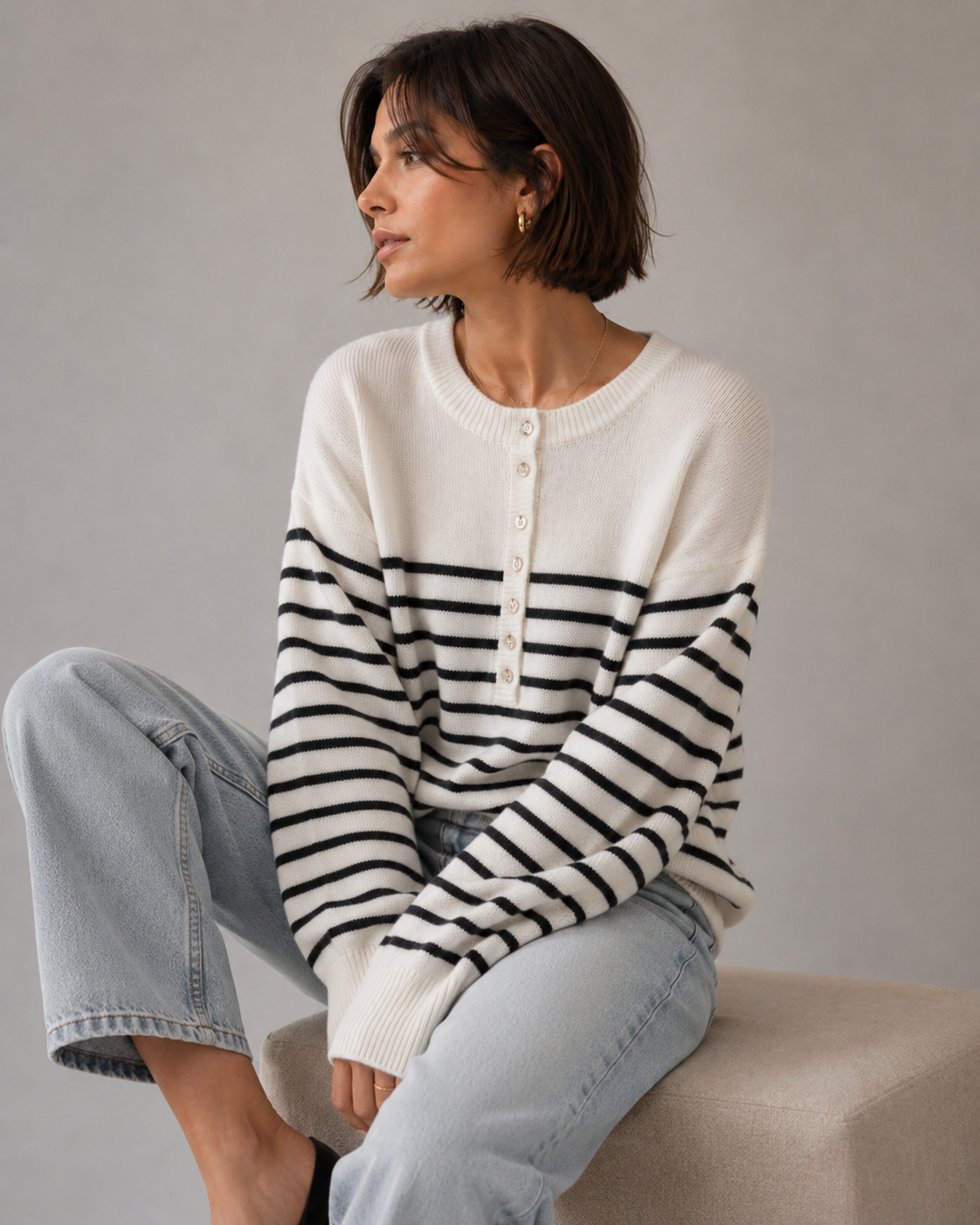 White Striped Oversized Crew Neck Wool Sweater
