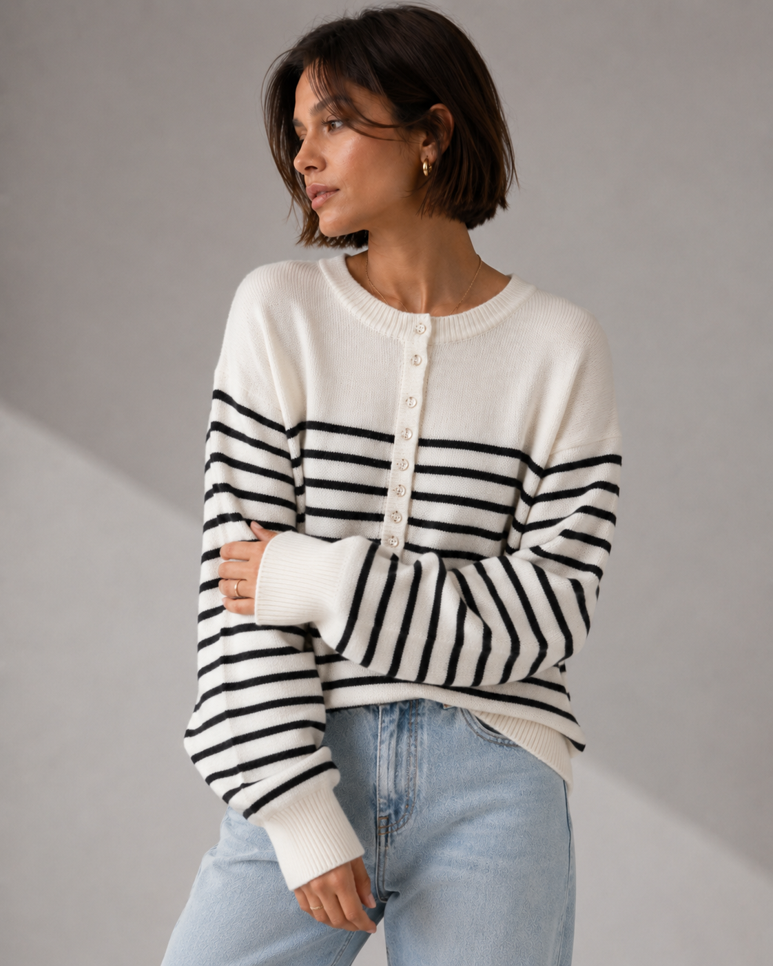 White Striped Oversized Crew Neck Wool Sweater