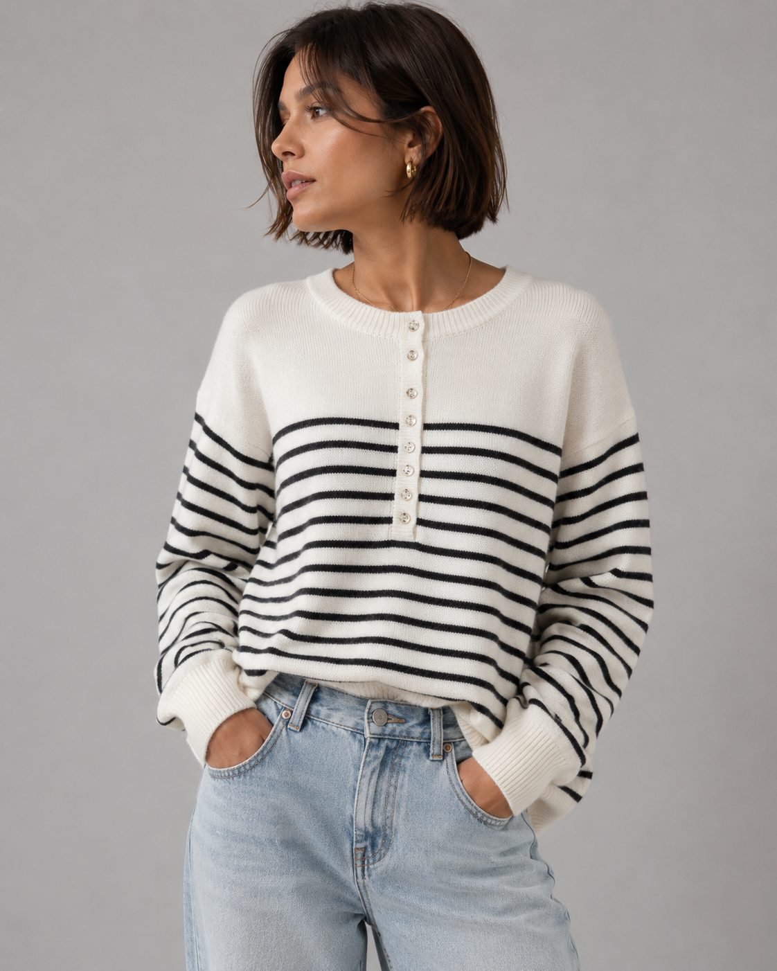 White Striped Oversized Crew Neck Wool Sweater