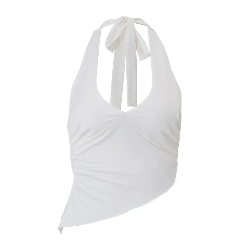 White V-Neck Halter Crop Top with Open Back