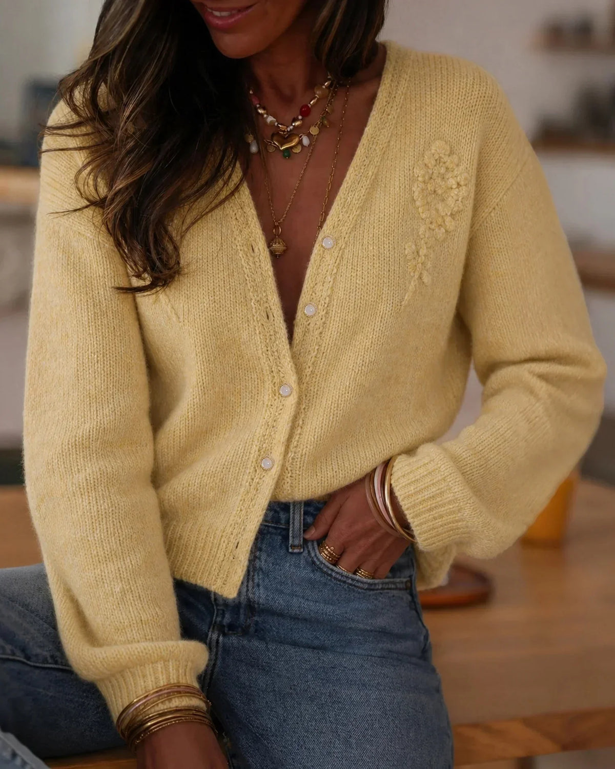 Yellow Floral V-Neck Knit Cardigan
