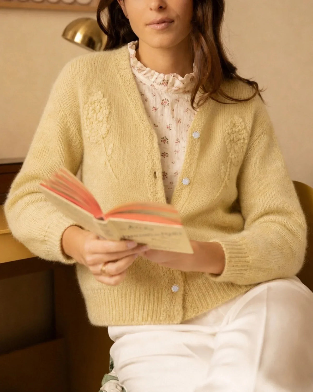 Yellow Floral V-Neck Knit Cardigan