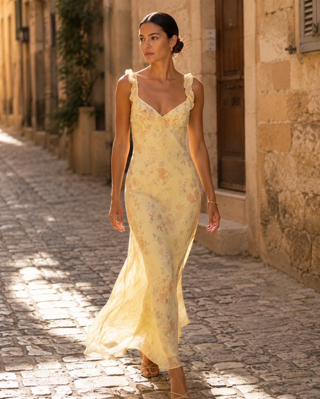 Yellow Floral V-Neck Maxi Dress with Open Back