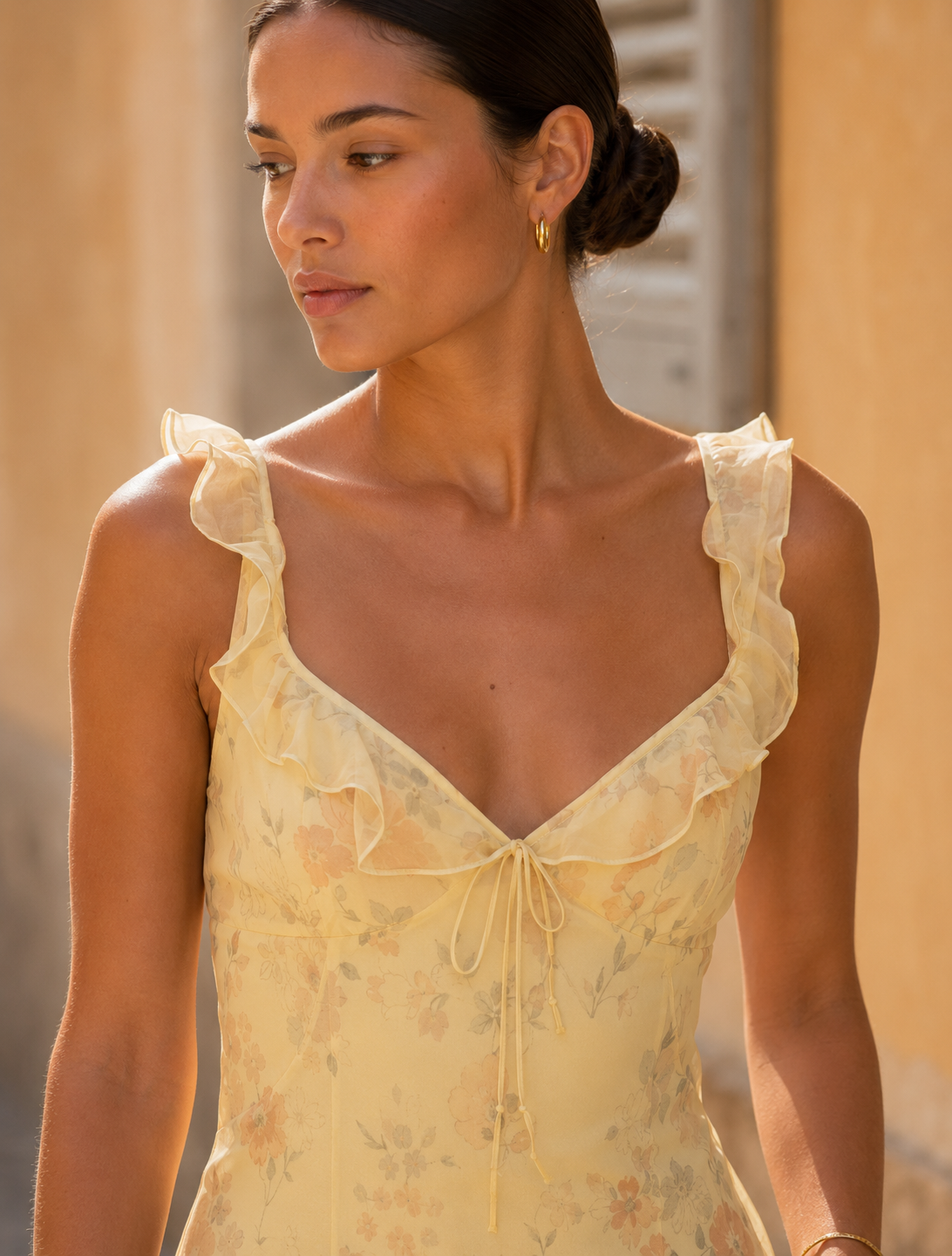 Yellow Floral V-Neck Maxi Dress with Open Back