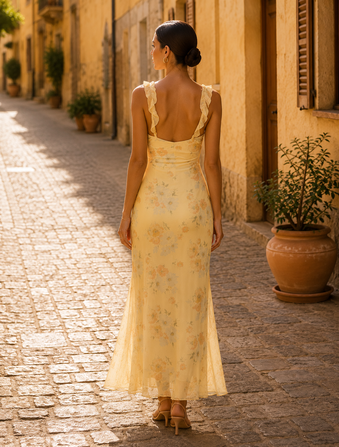 Yellow Floral V-Neck Maxi Dress with Open Back