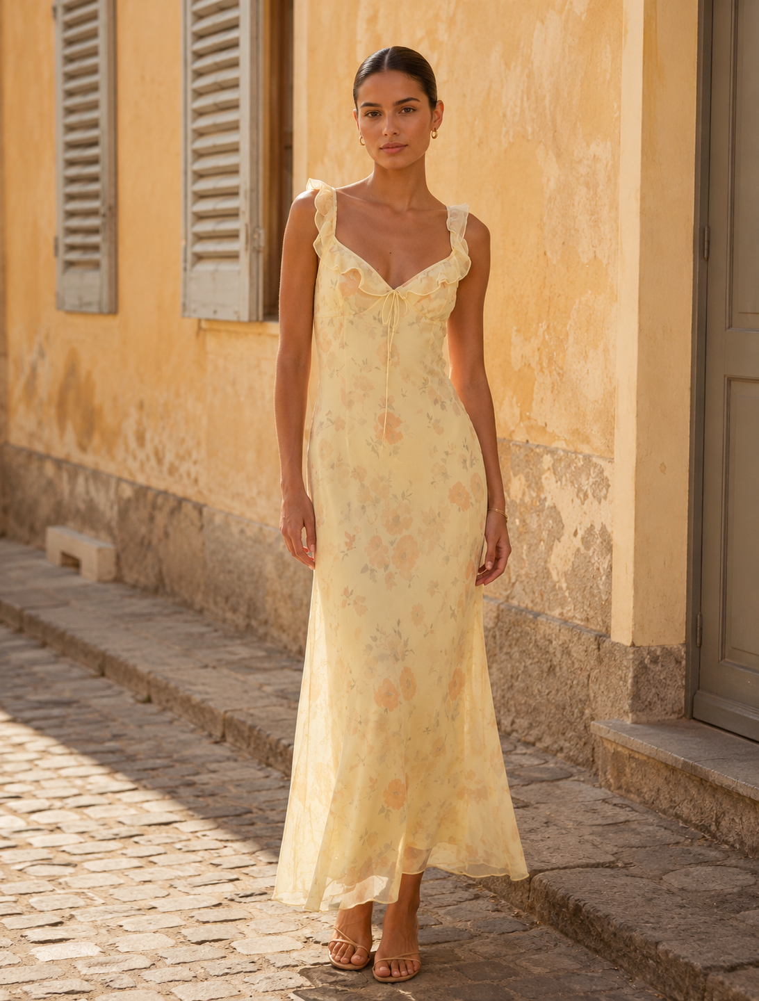 Yellow Floral V-Neck Maxi Dress with Open Back