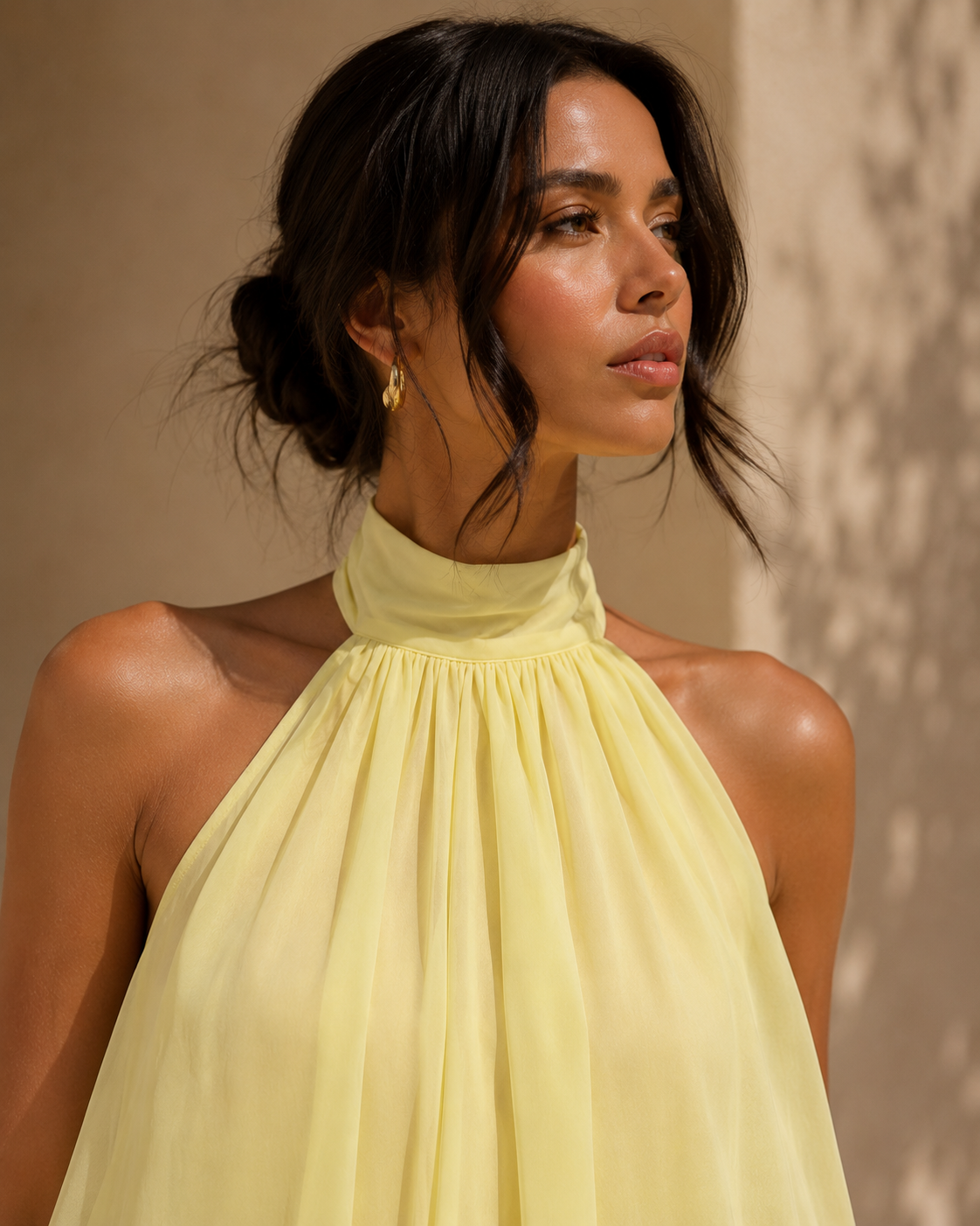 Yellow Halter Neck Knit Mini Dress with Open Back