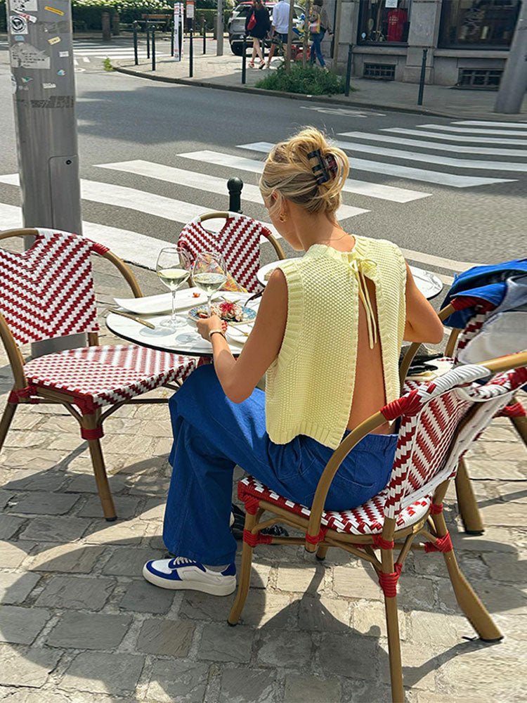 Yellow Knit Tank Top with Lace-Up Open Back