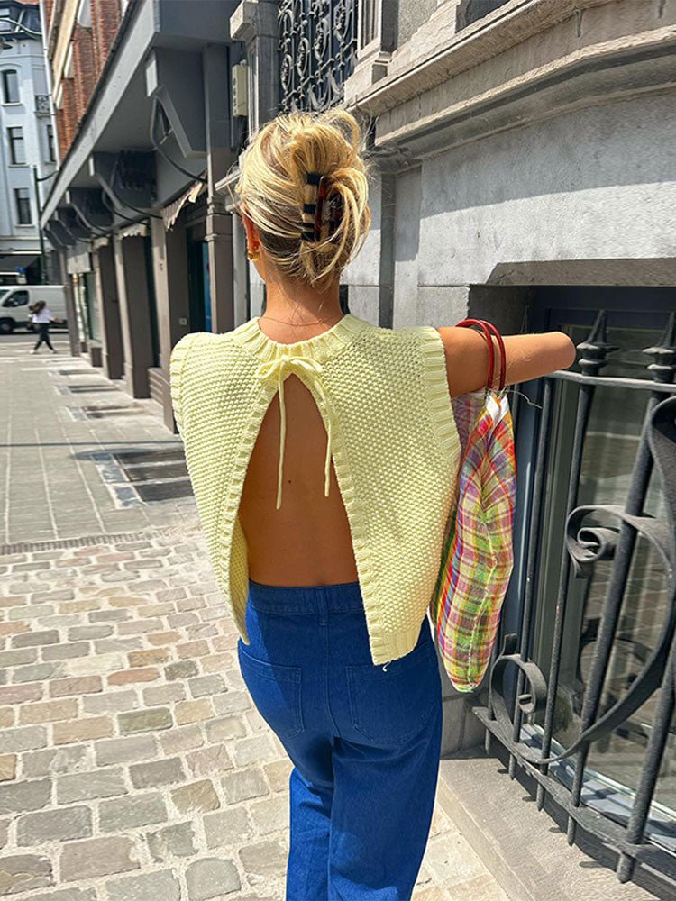 Yellow Knit Tank Top with Lace-Up Open Back