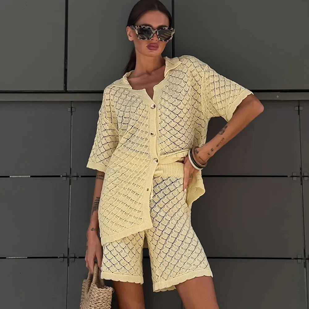 Yellow Lightweight Open Front Knit Cardigan and Shorts Set