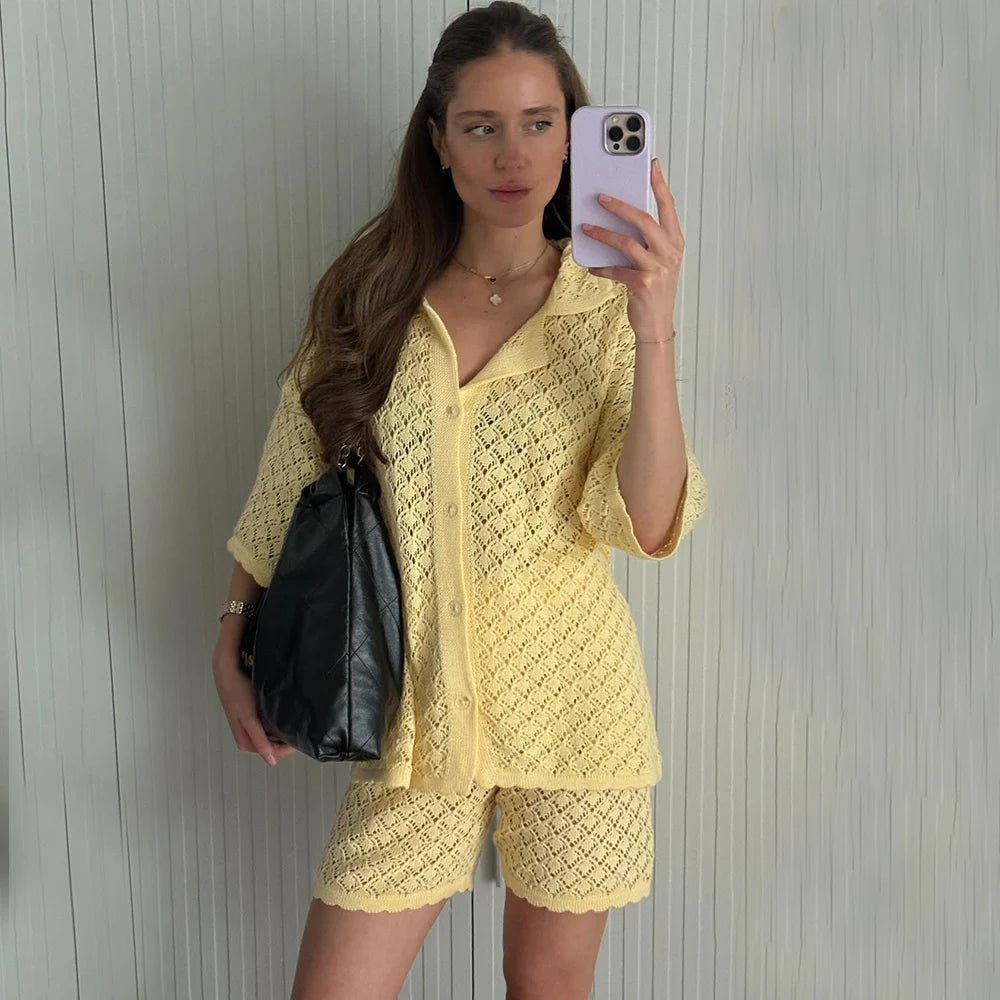Yellow Lightweight Open Front Knit Cardigan and Shorts Set