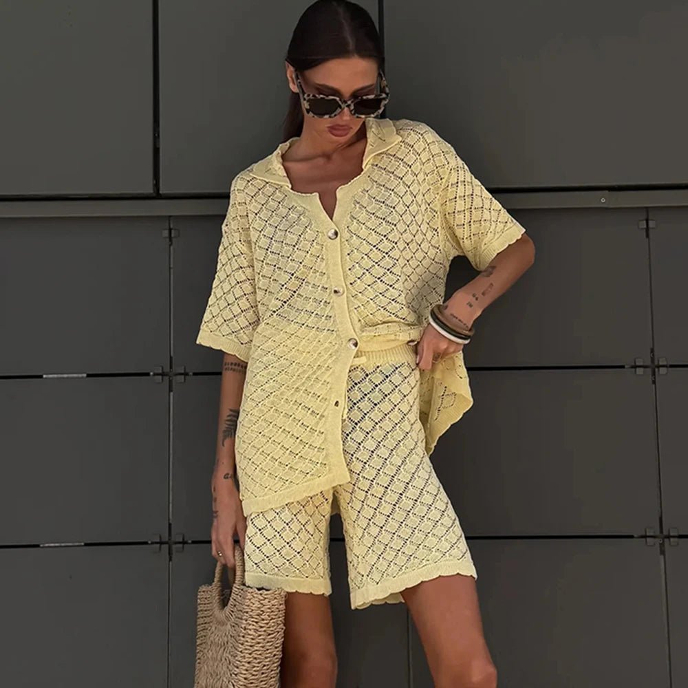 Yellow Lightweight Open Front Knit Cardigan and Shorts Set