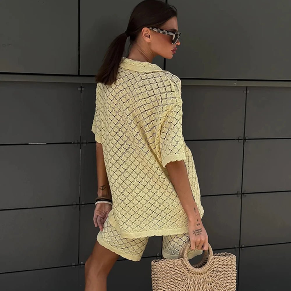 Yellow Lightweight Open Front Knit Cardigan and Shorts Set