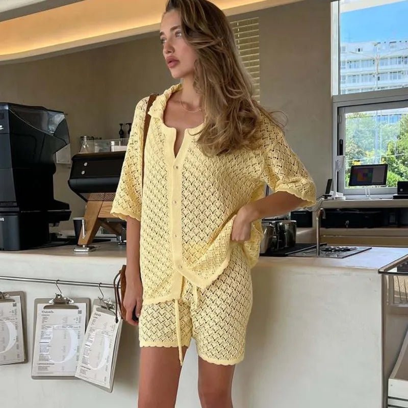 Yellow Lightweight Open Front Knit Cardigan and Shorts Set